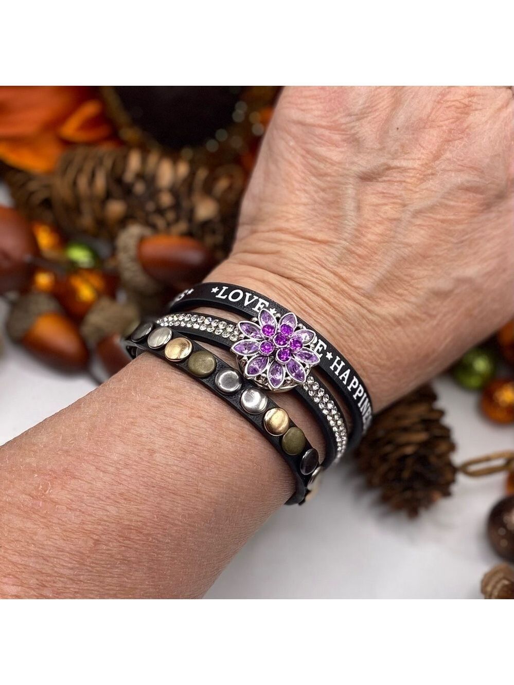 Love, Hope, Happiness Black Leather Bracelet & Purple 18mm Floral Snap! NWT